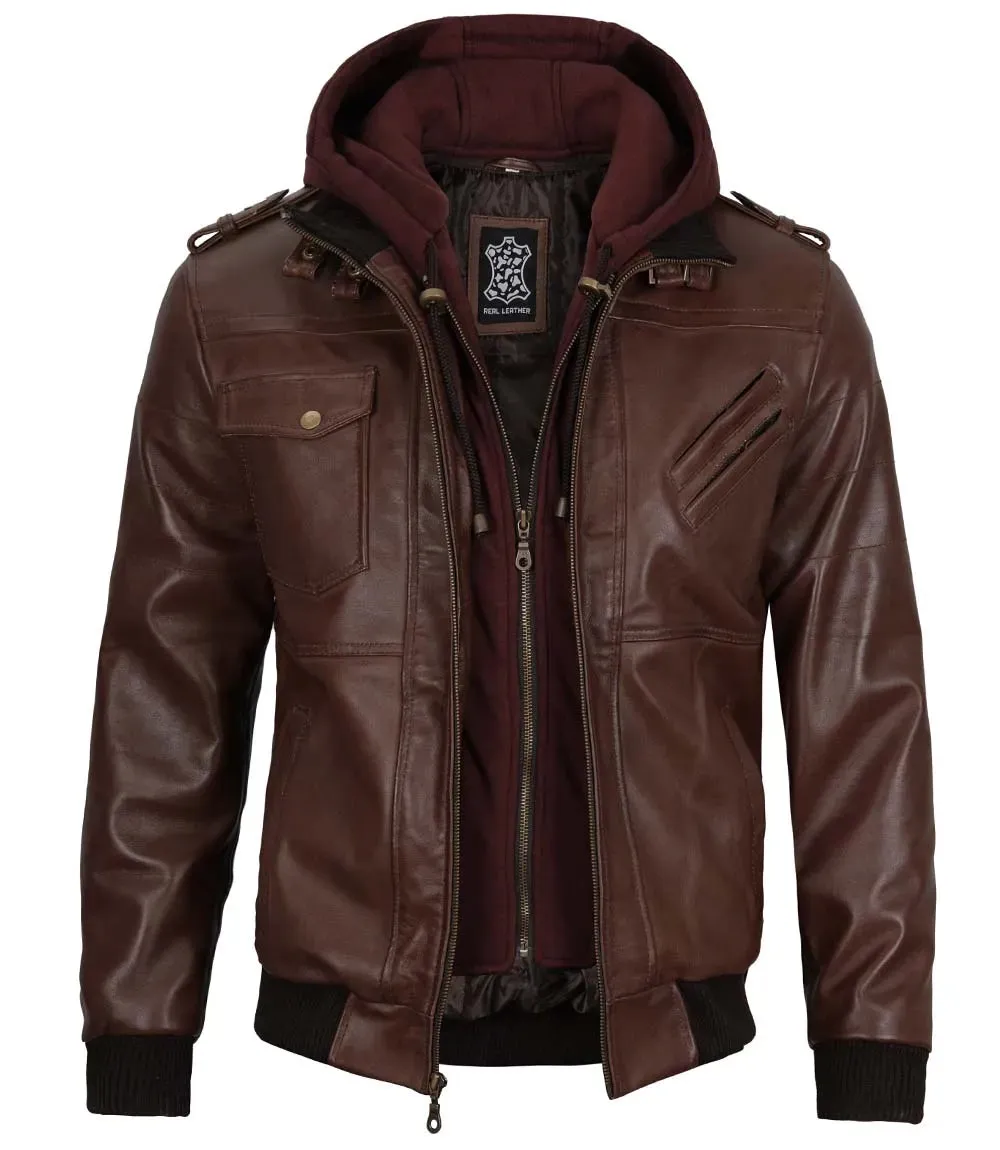 Edinburgh Men's Bomber Dark Brown Removable Hooded Leather Jacket
