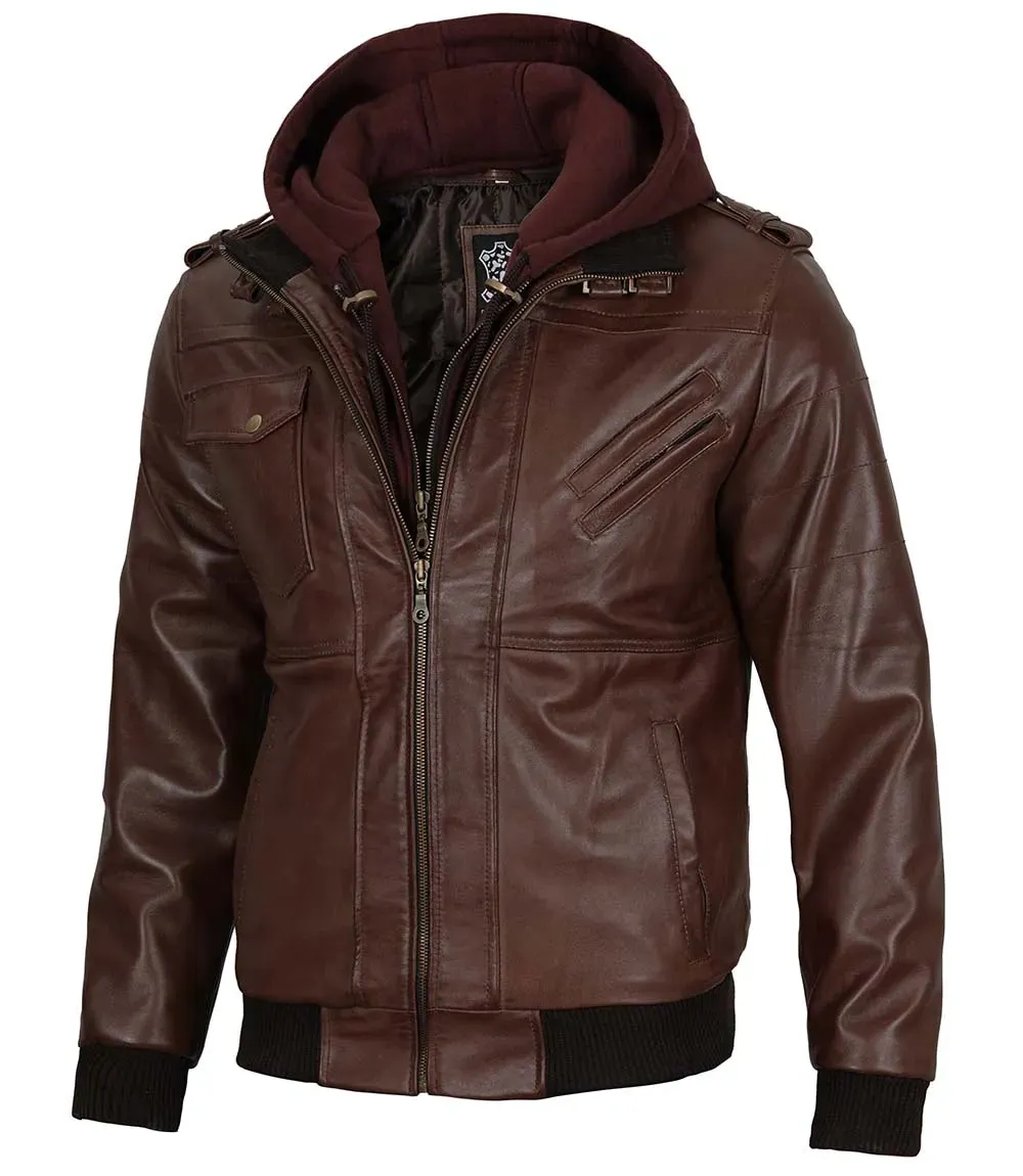 Edinburgh Men's Bomber Dark Brown Removable Hooded Leather Jacket