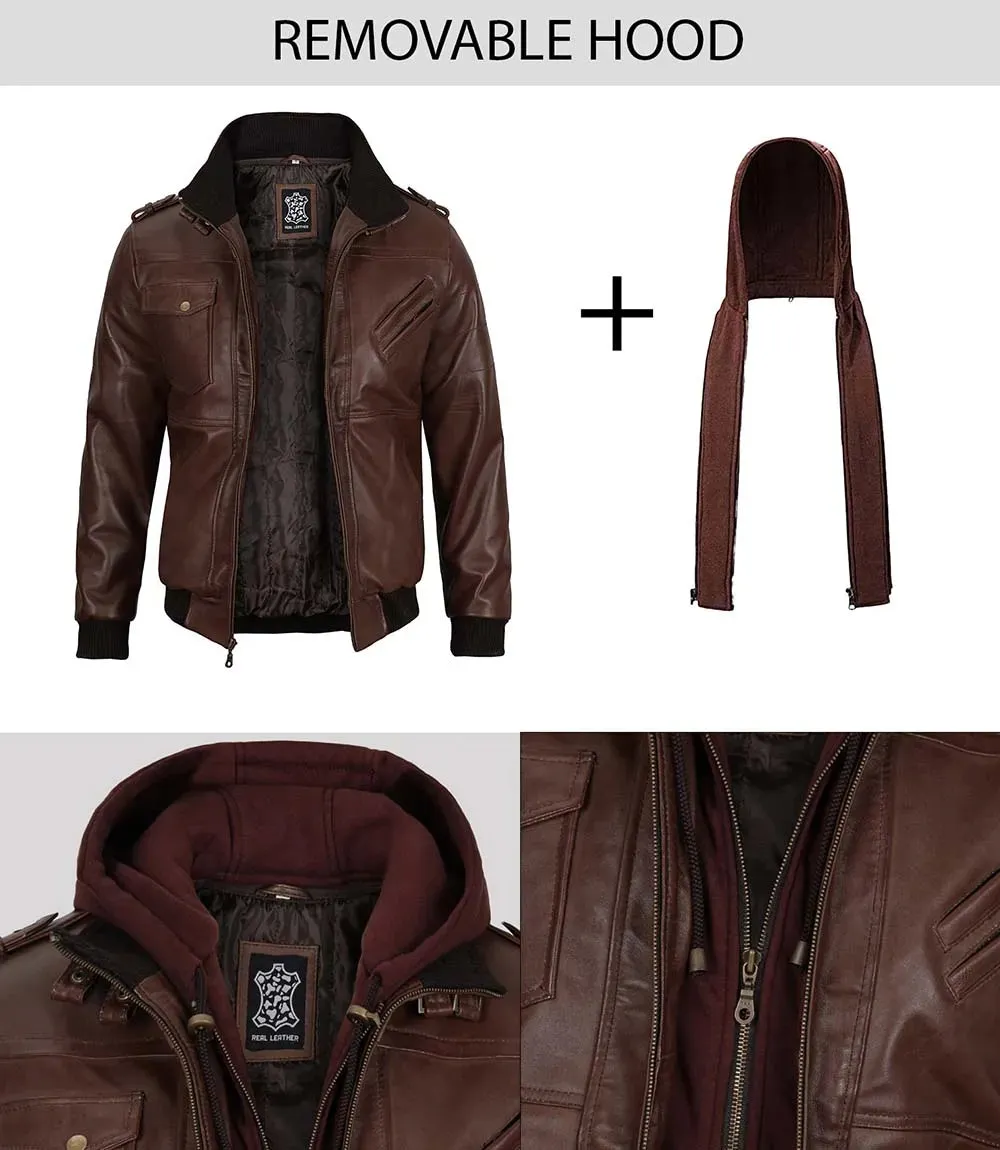 Edinburgh Men's Bomber Dark Brown Removable Hooded Leather Jacket