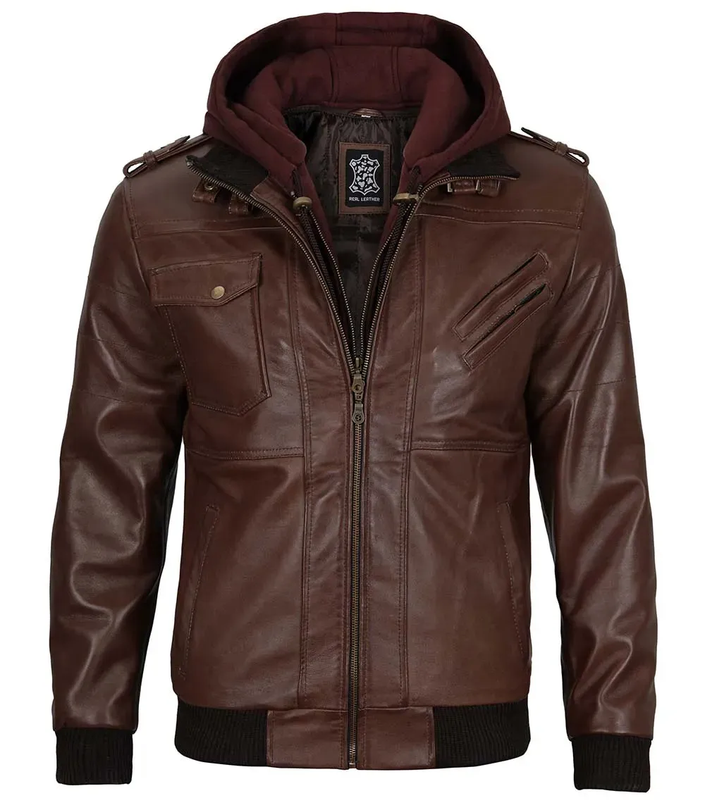 Edinburgh Men's Bomber Dark Brown Removable Hooded Leather Jacket