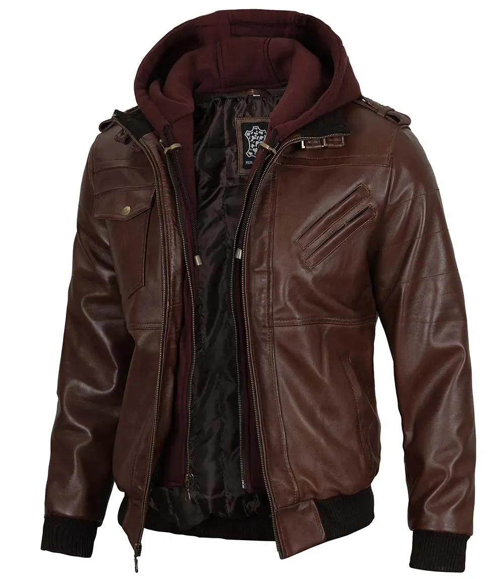 Edinburgh Men's Bomber Dark Brown Removable Hooded Leather Jacket