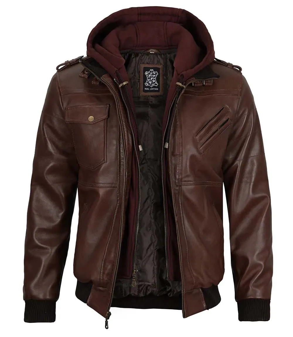 Edinburgh Men's Bomber Dark Brown Removable Hooded Leather Jacket