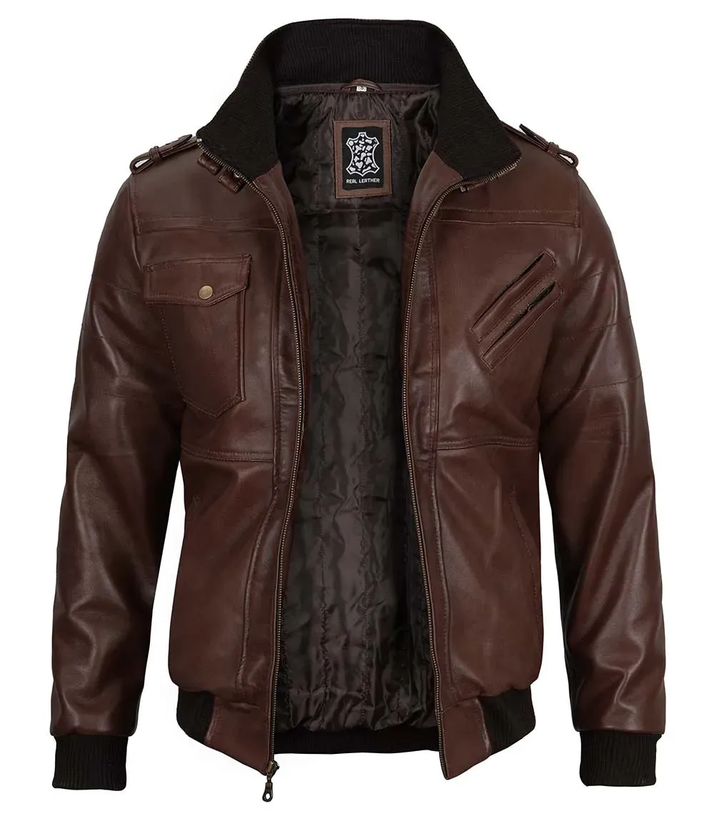 Edinburgh Men's Bomber Dark Brown Removable Hooded Leather Jacket