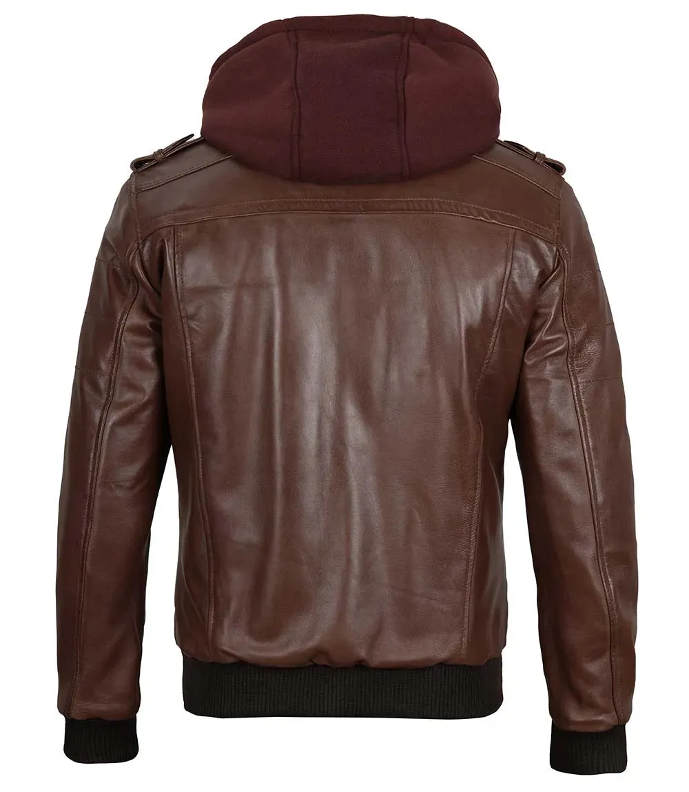 Edinburgh Men's Bomber Dark Brown Removable Hooded Leather Jacket