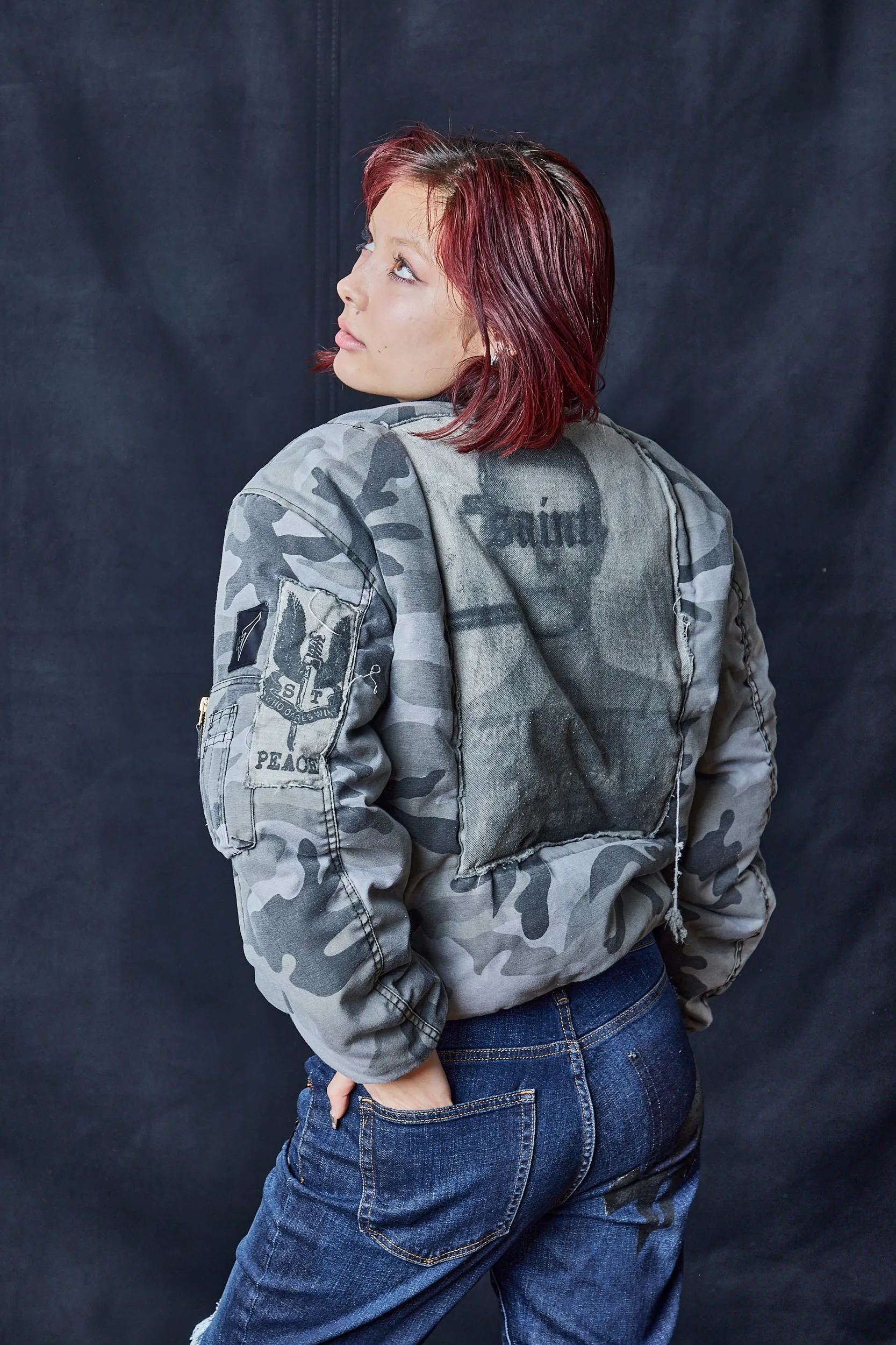 Grey Patched Camouflage Print Bomber