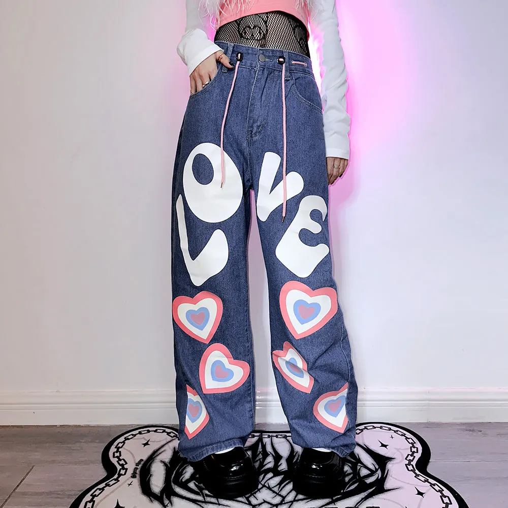Japanese Letter and Heart Design Street Style Loose Hip-hop Jeans