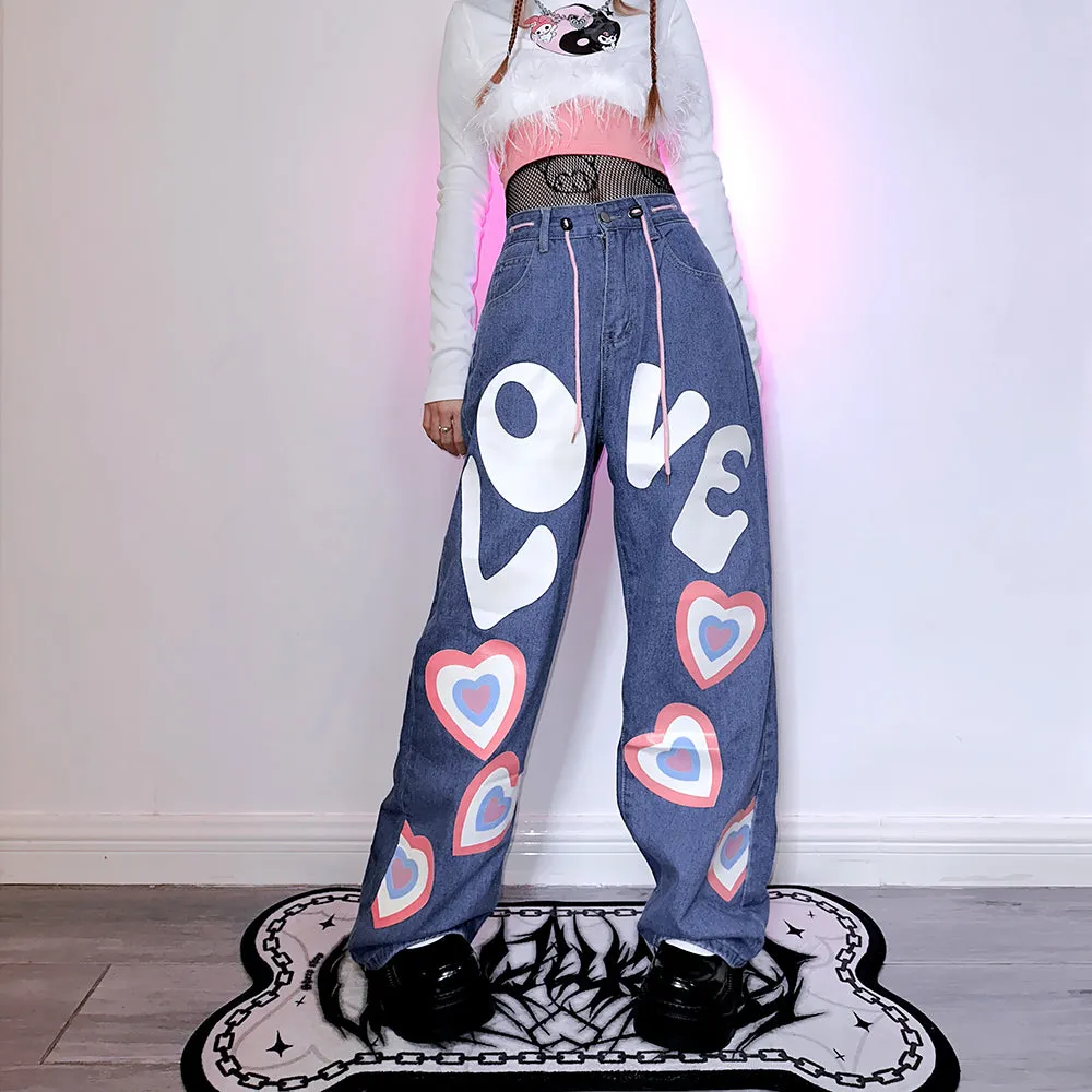 Japanese Letter and Heart Design Street Style Loose Hip-hop Jeans