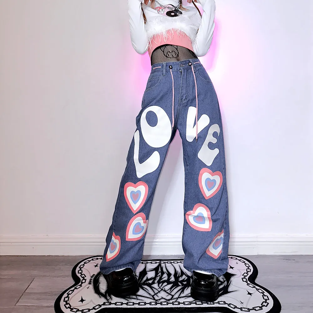Japanese Letter and Heart Design Street Style Loose Hip-hop Jeans