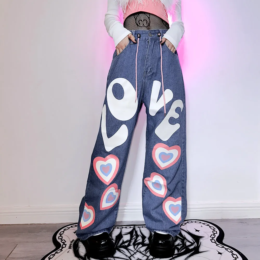 Japanese Letter and Heart Design Street Style Loose Hip-hop Jeans
