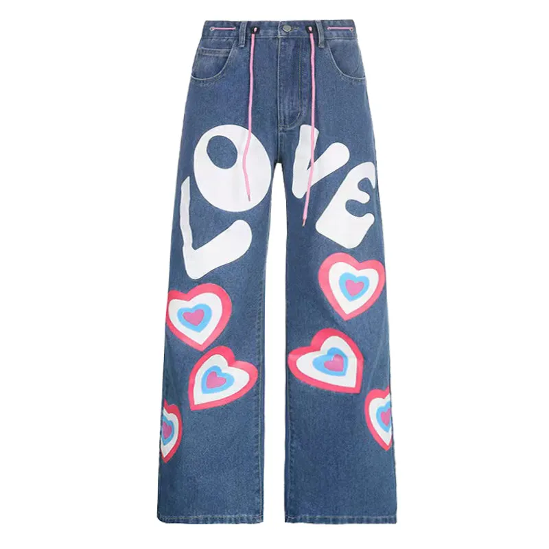 Japanese Letter and Heart Design Street Style Loose Hip-hop Jeans