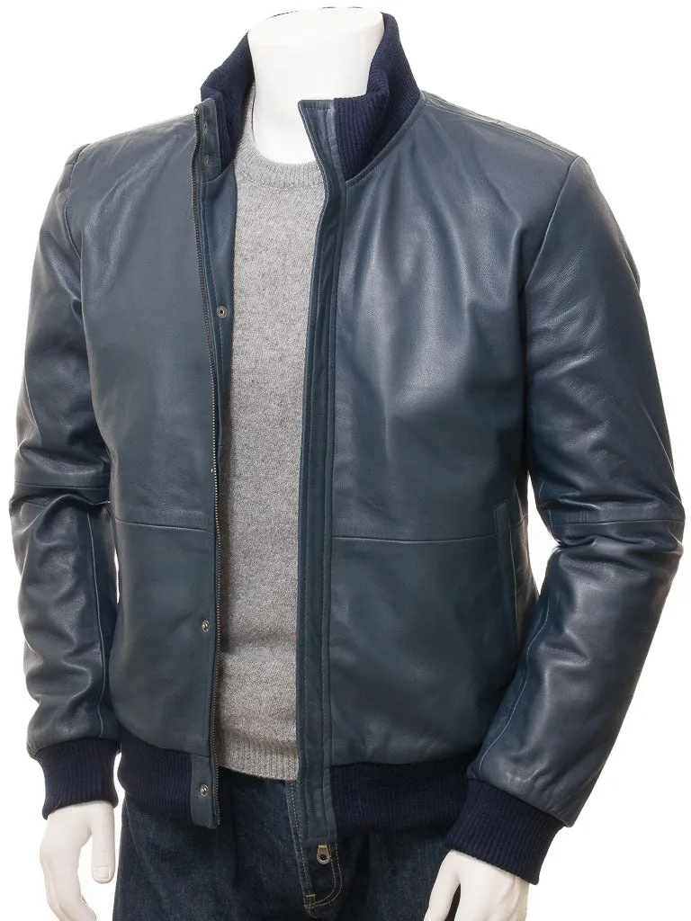 Men’s Blue Pilot Fashion Leather Military Bomber Jacket