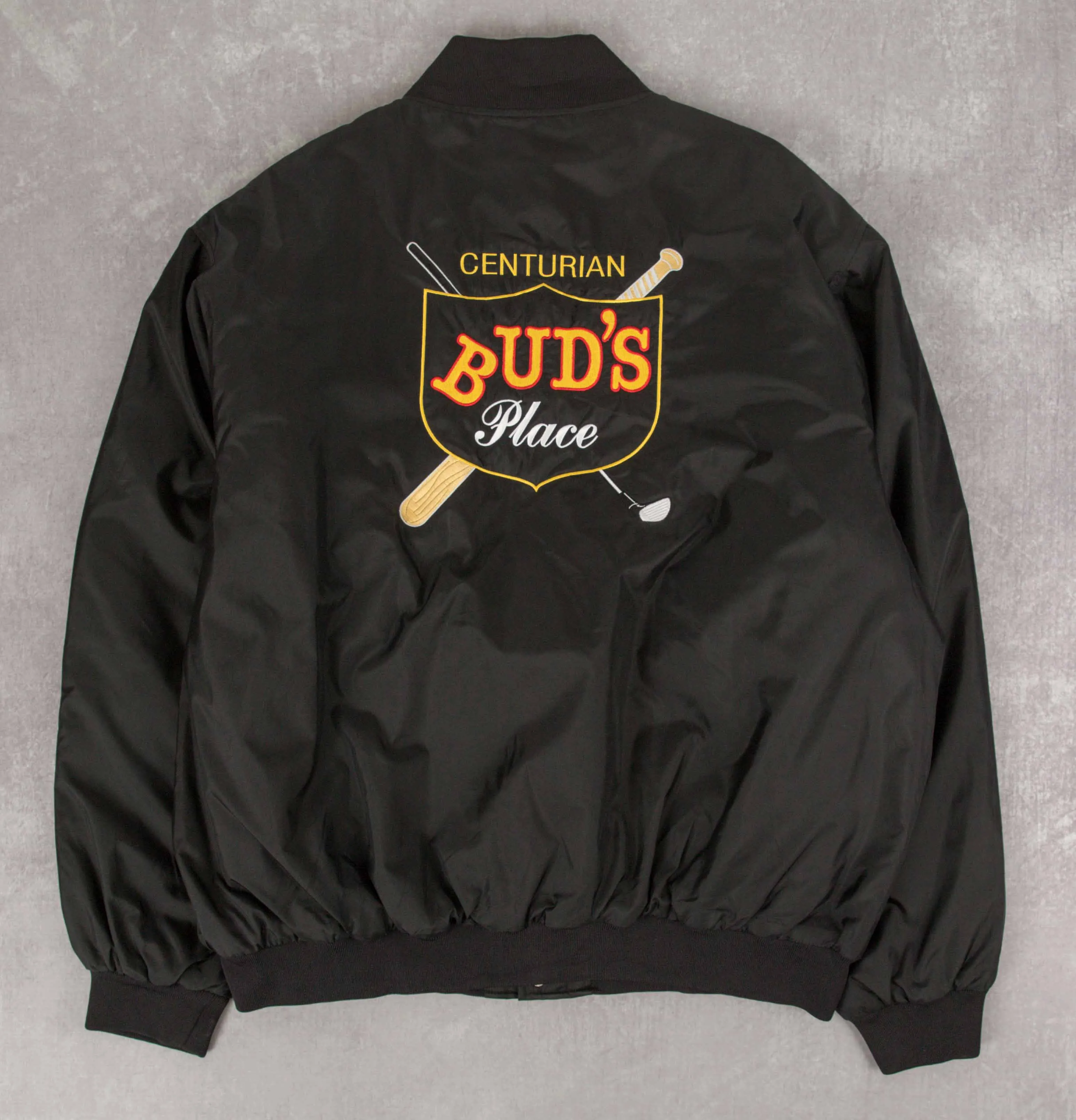 MEN'S VINTAGE 1990S BUD'S 100 CENTURIAN VARSITY BOMBER JACKET - X-LARGE