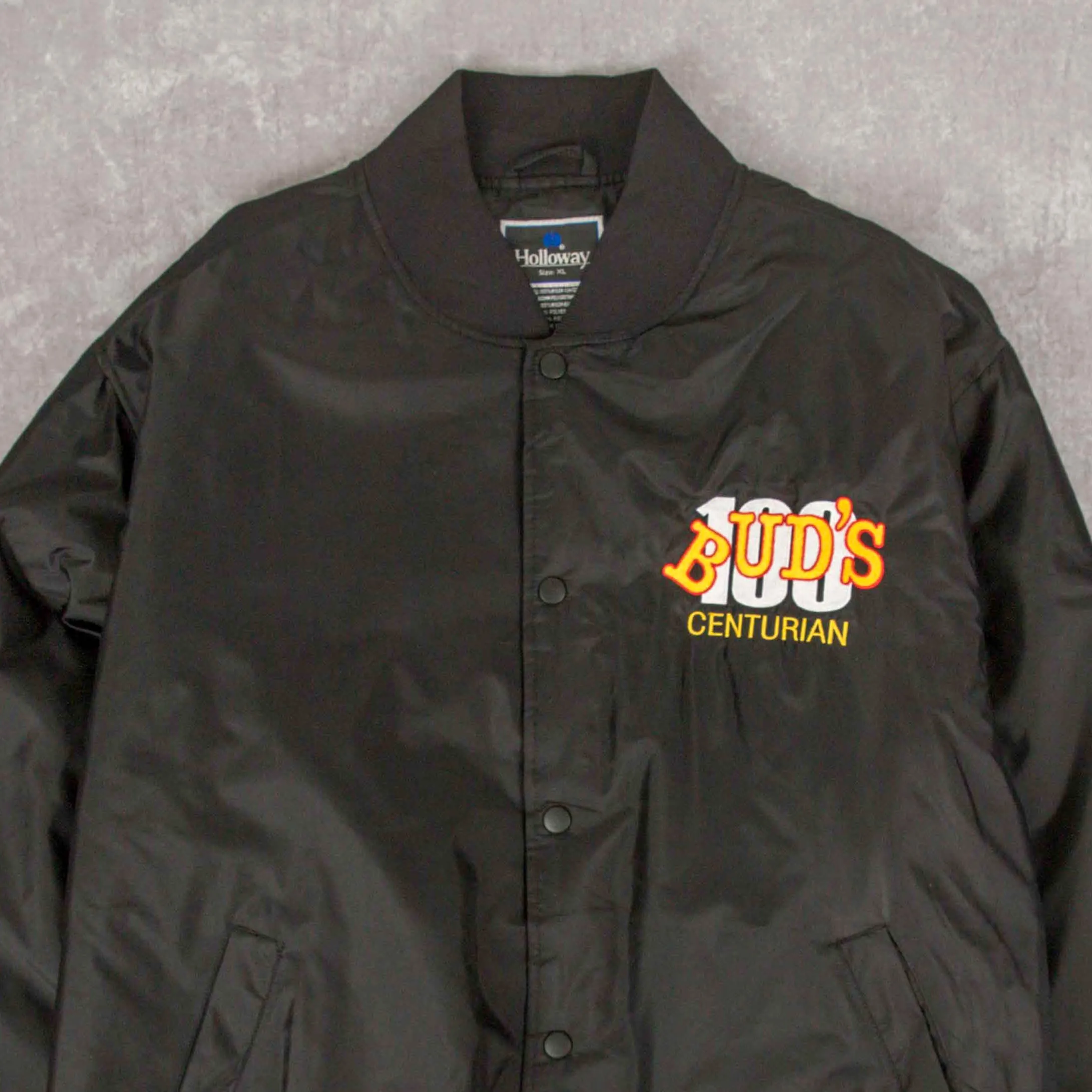 MEN'S VINTAGE 1990S BUD'S 100 CENTURIAN VARSITY BOMBER JACKET - X-LARGE