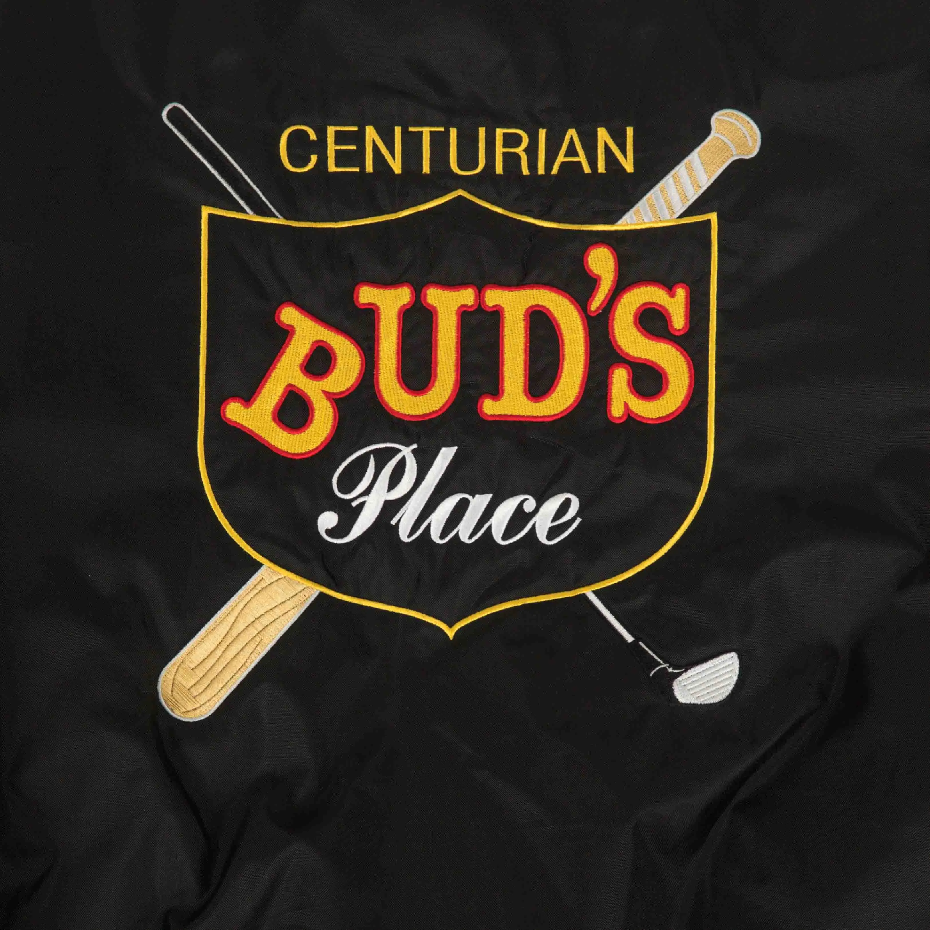 MEN'S VINTAGE 1990S BUD'S 100 CENTURIAN VARSITY BOMBER JACKET - X-LARGE