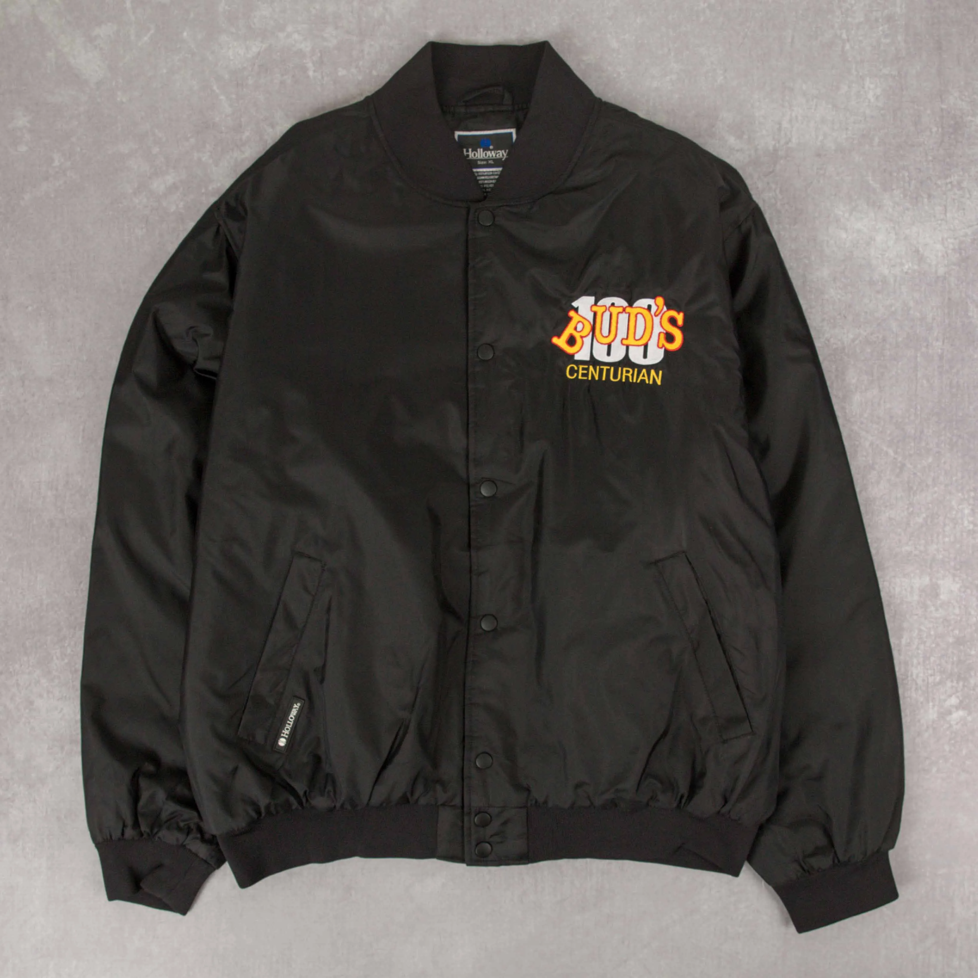 MEN'S VINTAGE 1990S BUD'S 100 CENTURIAN VARSITY BOMBER JACKET - X-LARGE