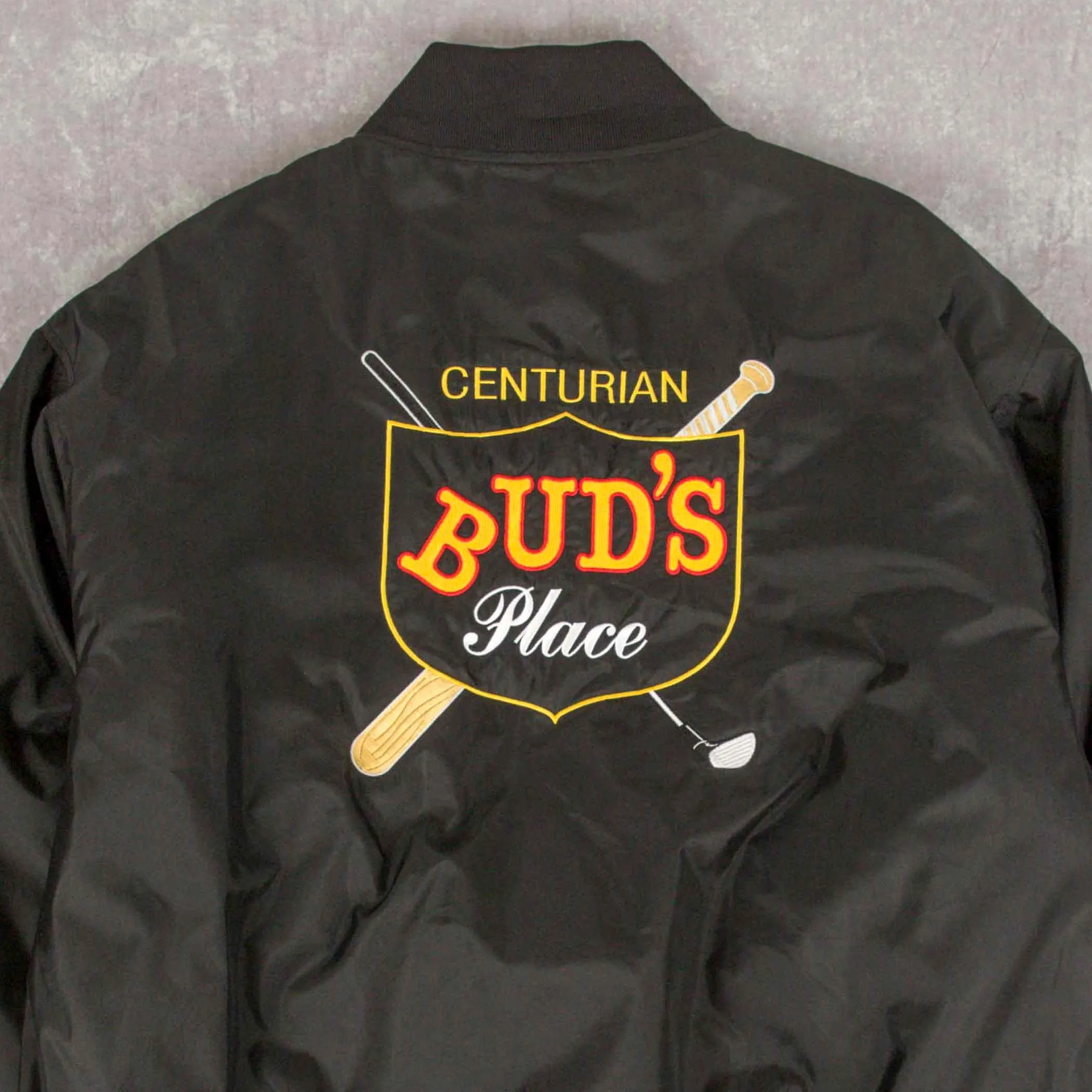 MEN'S VINTAGE 1990S BUD'S 100 CENTURIAN VARSITY BOMBER JACKET - X-LARGE