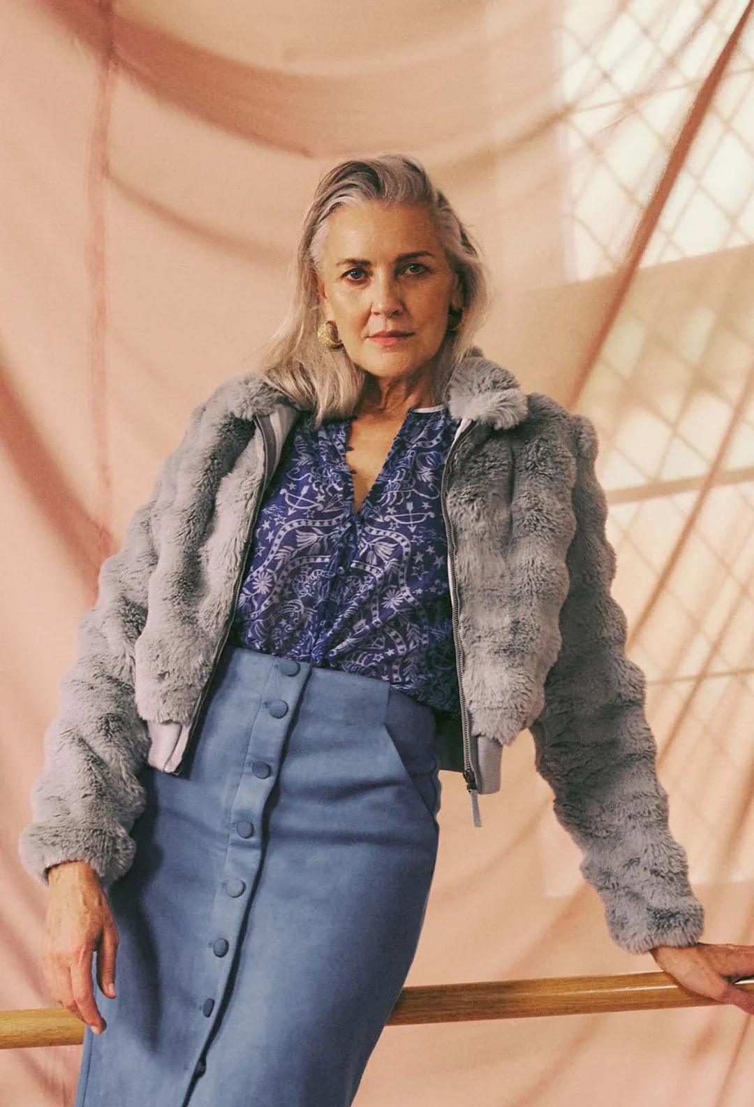 OnceWas Stella Faux Fur Bomber Jacket In Ice Blue