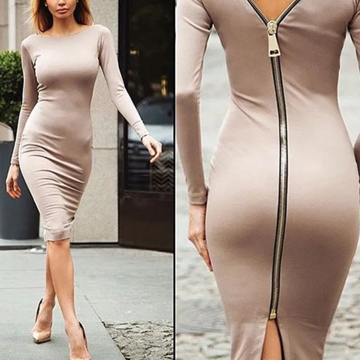 Sexy Slim Zipper Long Sleeve Bodycon Dress