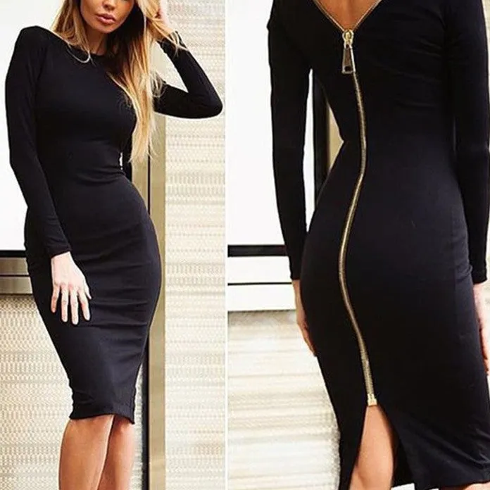 Sexy Slim Zipper Long Sleeve Bodycon Dress