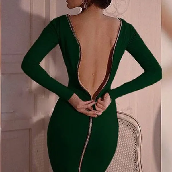 Sexy Slim Zipper Long Sleeve Bodycon Dress