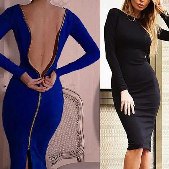 Sexy Slim Zipper Long Sleeve Bodycon Dress