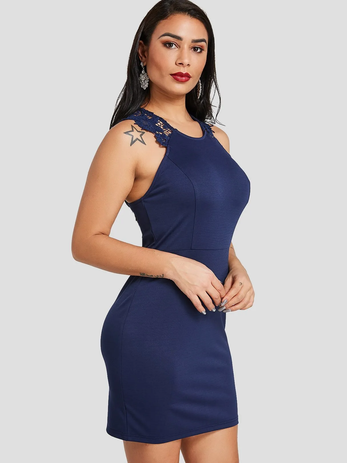 Wholesale Navy Halter Sleeveless Plain Zip Back See Through Sexy Dress