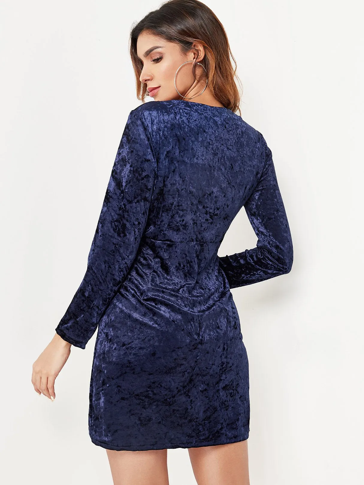 Wholesale Navy V-Neck Long Sleeve Plain Lace-Up Dresses