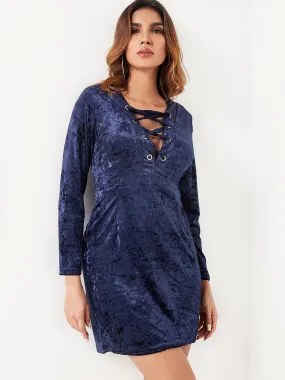 Wholesale Navy V-Neck Long Sleeve Plain Lace-Up Dresses